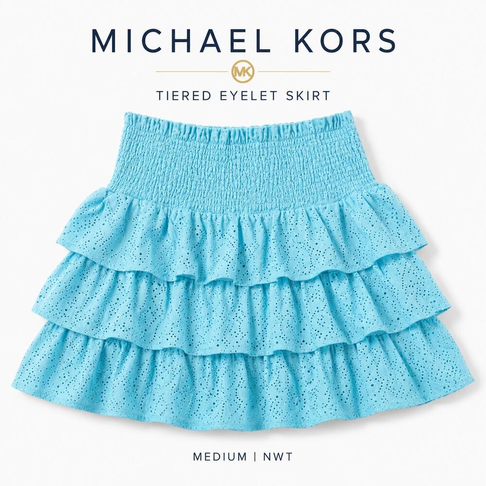 Michael Kors Tiered Eyelet Mini Skirt Medium Blue Smocked Waist Ruffle NWT